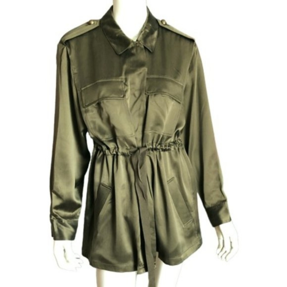 NWT Relative PI 100% Silk--- Olive Green Silk Cinched Waist Shacket/Tunic Size S
